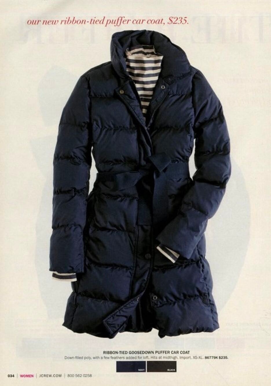 J. Crew Vintage Ribbon Tied Goosedown Puffer Coat in Navy Blue Size Medium